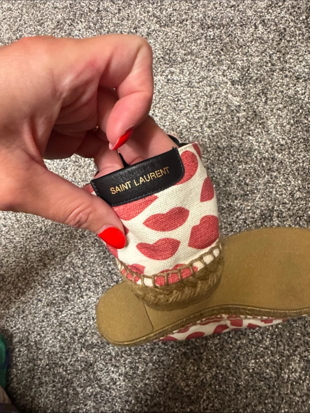 Saint Laurent Cream Espadrilles with Red Lip Print
